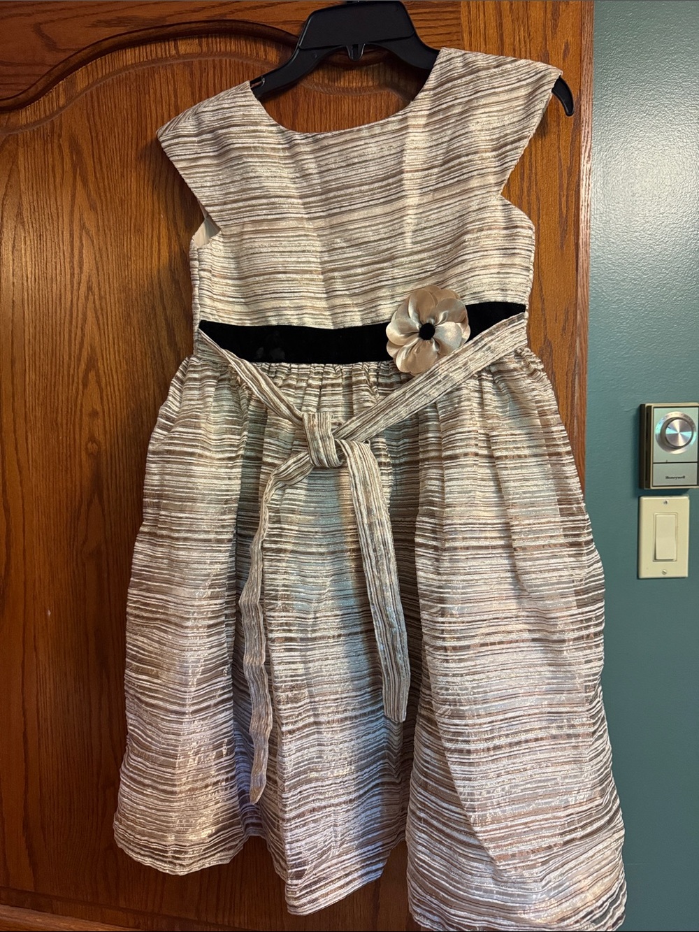 Jona Michelle Ivory and Silver Striped Party Dress with Black Velvet Sash